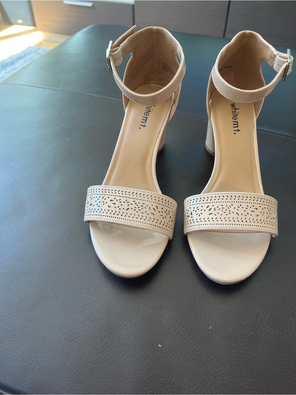 Beige Laser-Cut Ankle-Strap Block Heel Sandal